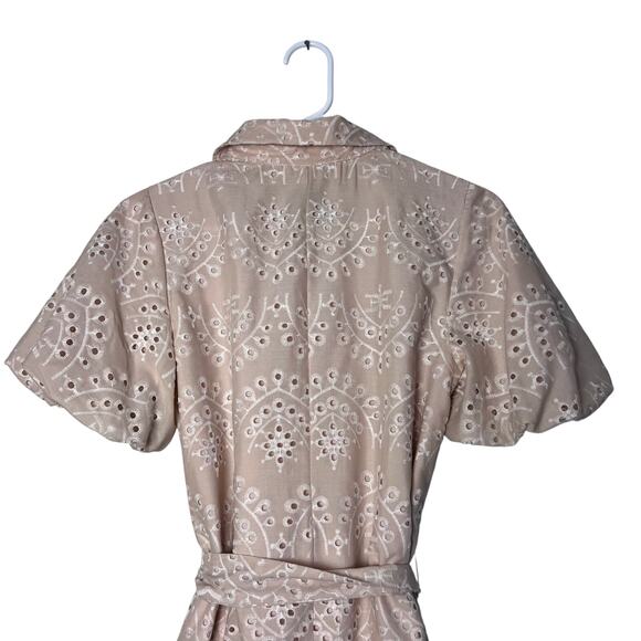 Sam Edelman Eyelet Shirt Dress Beige Puff Sleeve Belted Mini Dress Size 2 - Picture 5 of 10